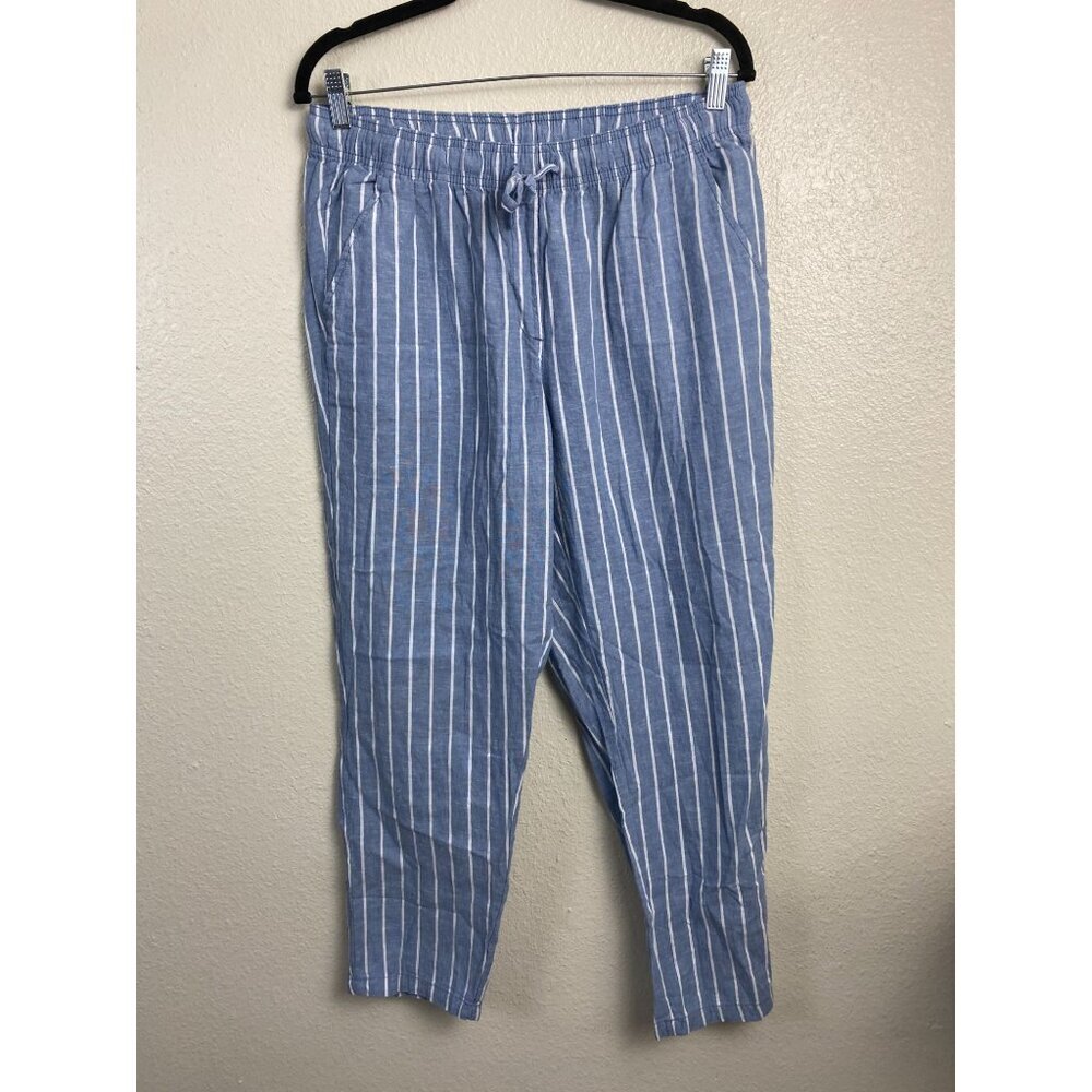 Serra Linen Blend Stripe Blue Womens Pants size Medium Lagenlook Pull on Elastic